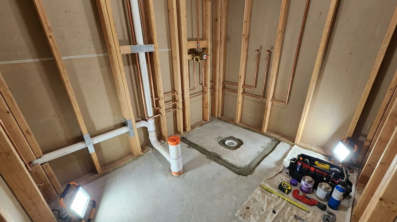 Bathroom rough-in plumbing during remodel by Johns Plumbing LLC in Wetumpka
