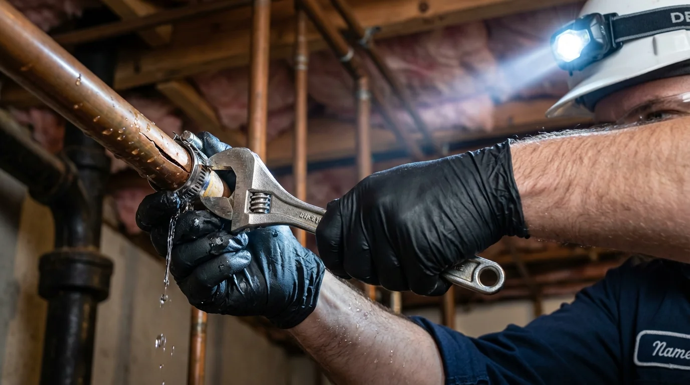 Emergency pipe clamp repair being performed by a Johns Plumbing LLC plumber in Wetumpka