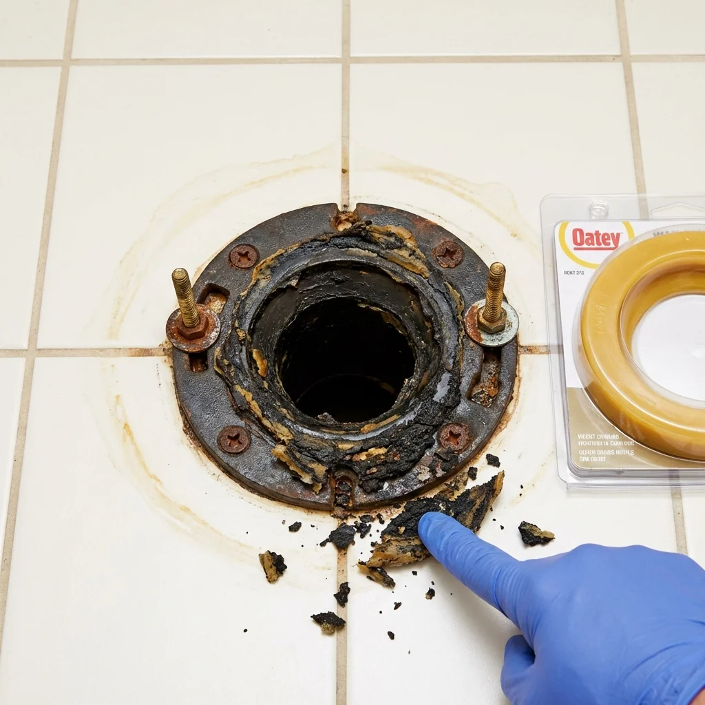 Failed wax ring showing water seepage at the base of a toilet in a Wetumpka, AL home
