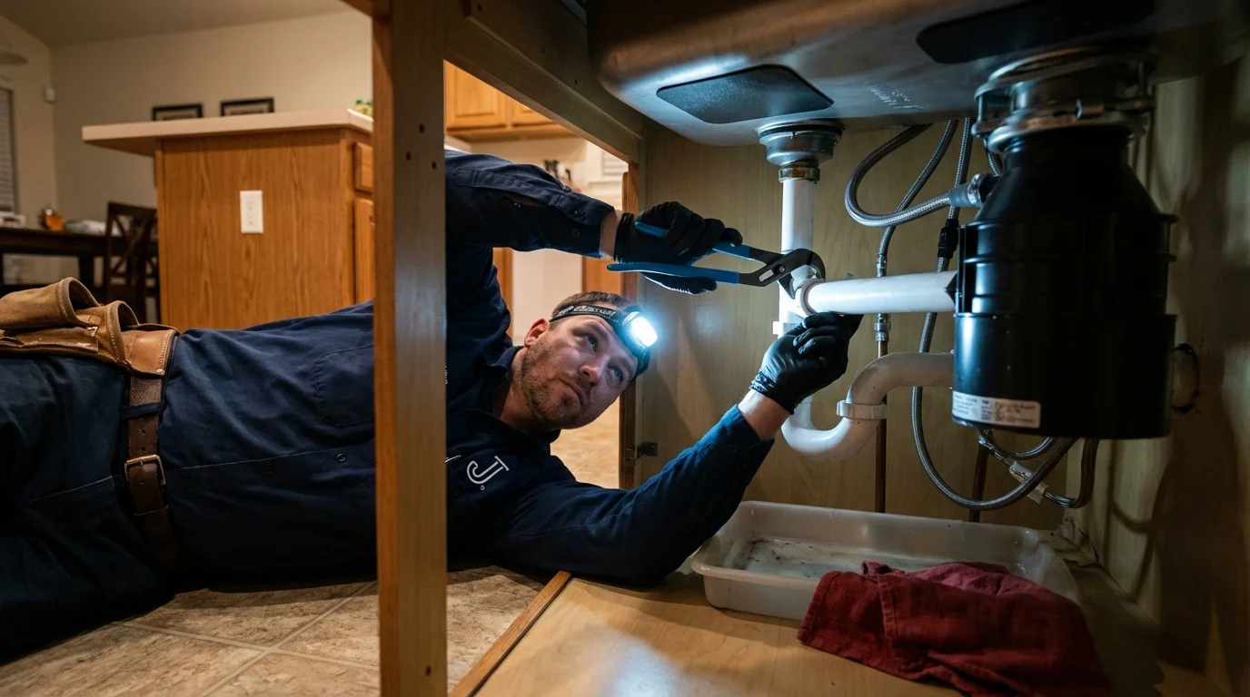 P-trap and supply line connections under a kitchen sink showing a common leak point in Wetumpka, AL